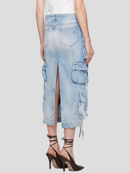 Slit Midi Denim Skirt with Pockets