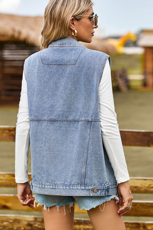 Sleeveless Collared Neck Denim Top with Pockets