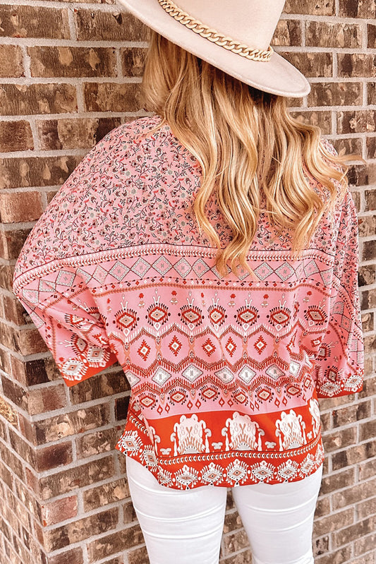 Open Front Printed Kimono Sleeve Cardigan